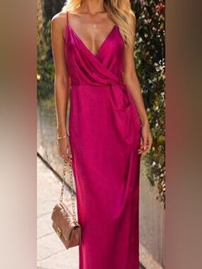 NEW new with tags Express Fuchsia Satin Wrap-Style with Slit Dress size XS